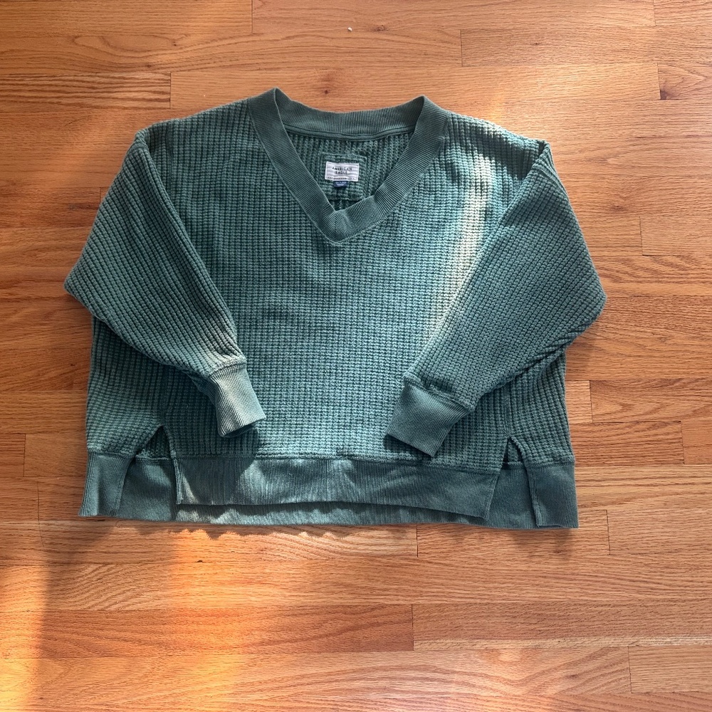 Green aerie off the shoulder/v neck waffle sweater